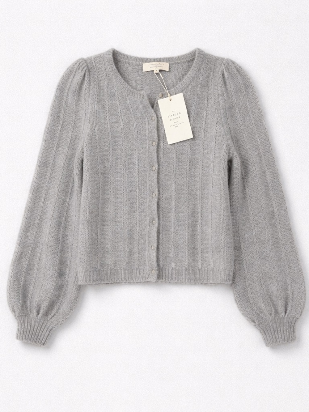 NWT Sezane Amance Light Grey Ribbed Puff-Sleeve Mohair Blend Button Cardigan (S)